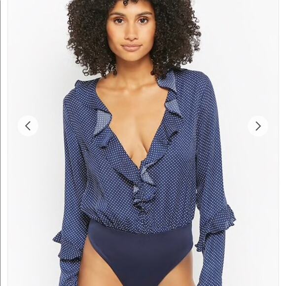 NUDE Polka Dot Ruffle Long Sleeve Thong Bodysuit - Blue - Small - Picture 7 of 15